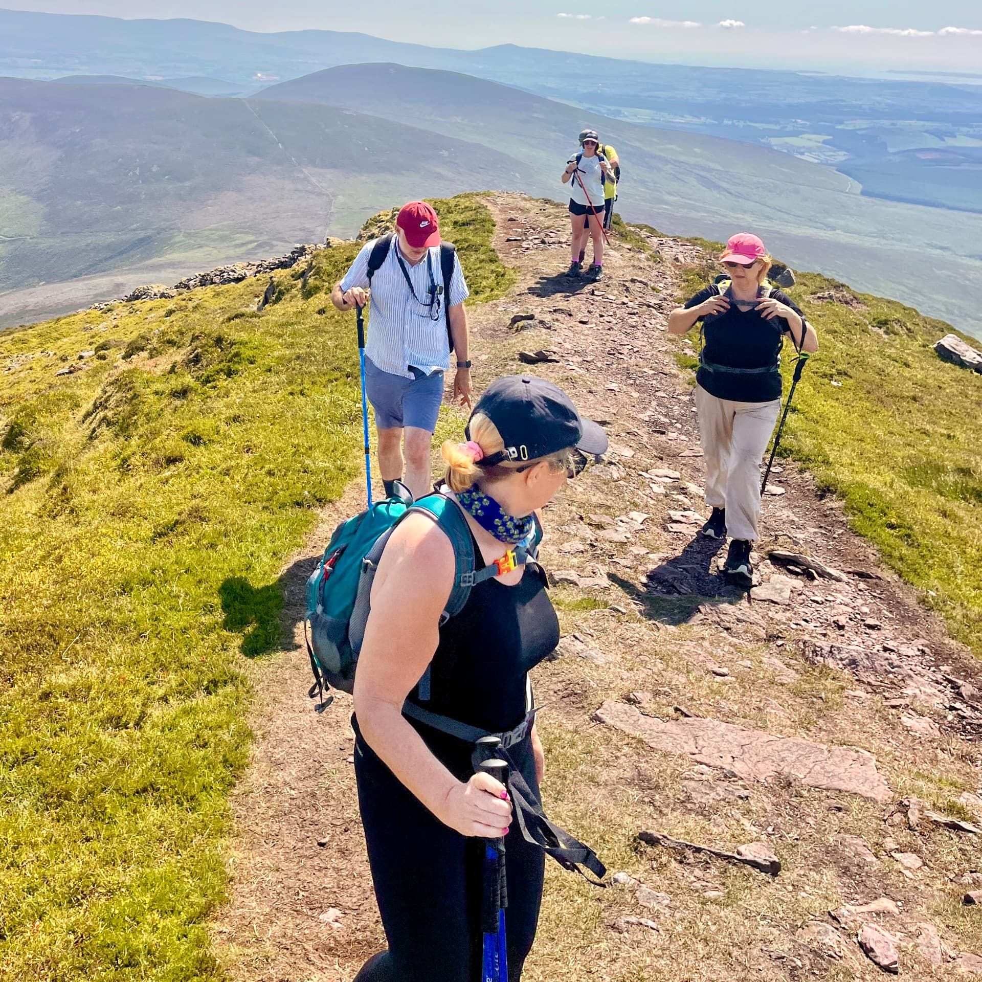 Four hikers walking along a grassy mountain ridge in Munster on a clear day