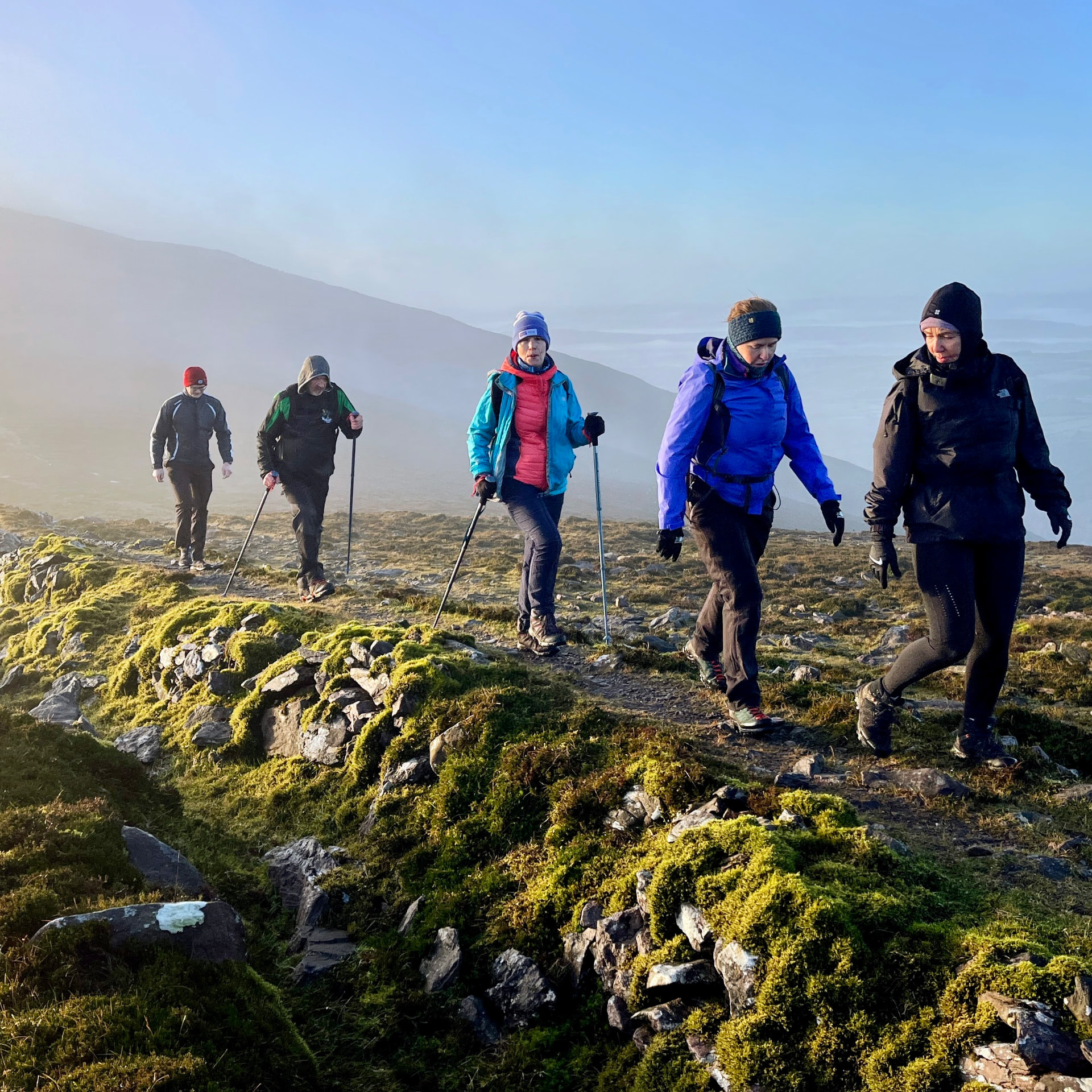 Five hikers walking uphill together across open mountain terrain in soft morning light